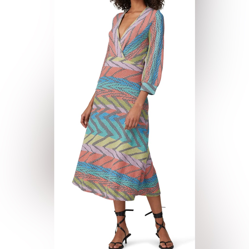 Aldo Martins Multicolor Zigzag Crossover Dress Colorful Bamboo 12 Puff Sleeve